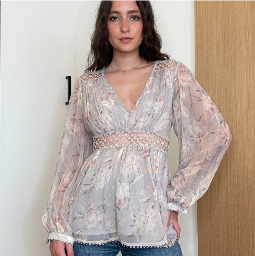 Zimmermann Iris Floral Eyelet Pink Grey Dusty Pastel Silk Lace Trim Blouse Sz 3